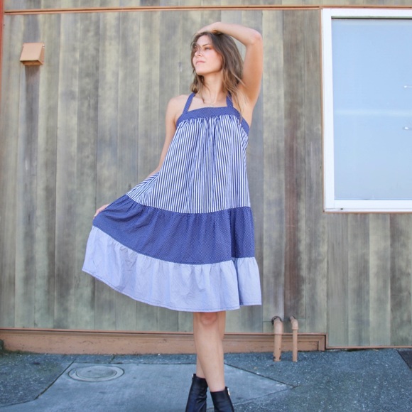 Vintage Handmade Blue Striped Flowy Halter Dress - Picture 5 of 8